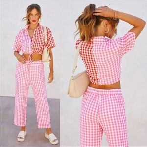 Vici Dee Elly pink textured gingham pants- elastic waist